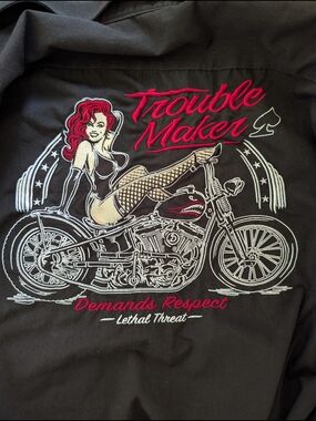 Trouble Maker Embroidered Black Men's Button-Down Biker Shirt, Lethal Threat